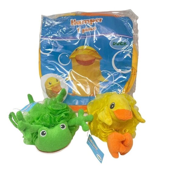 Kids Bath Time Set Foldable Duck Hamper 2 Bath Frog Duck Loofah NWT - Picture 1 of 8